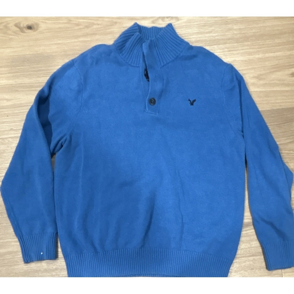 American Eagle Outfitters Knit Pullover Sweater Blue Mock Neck XXL Athletic Logo
